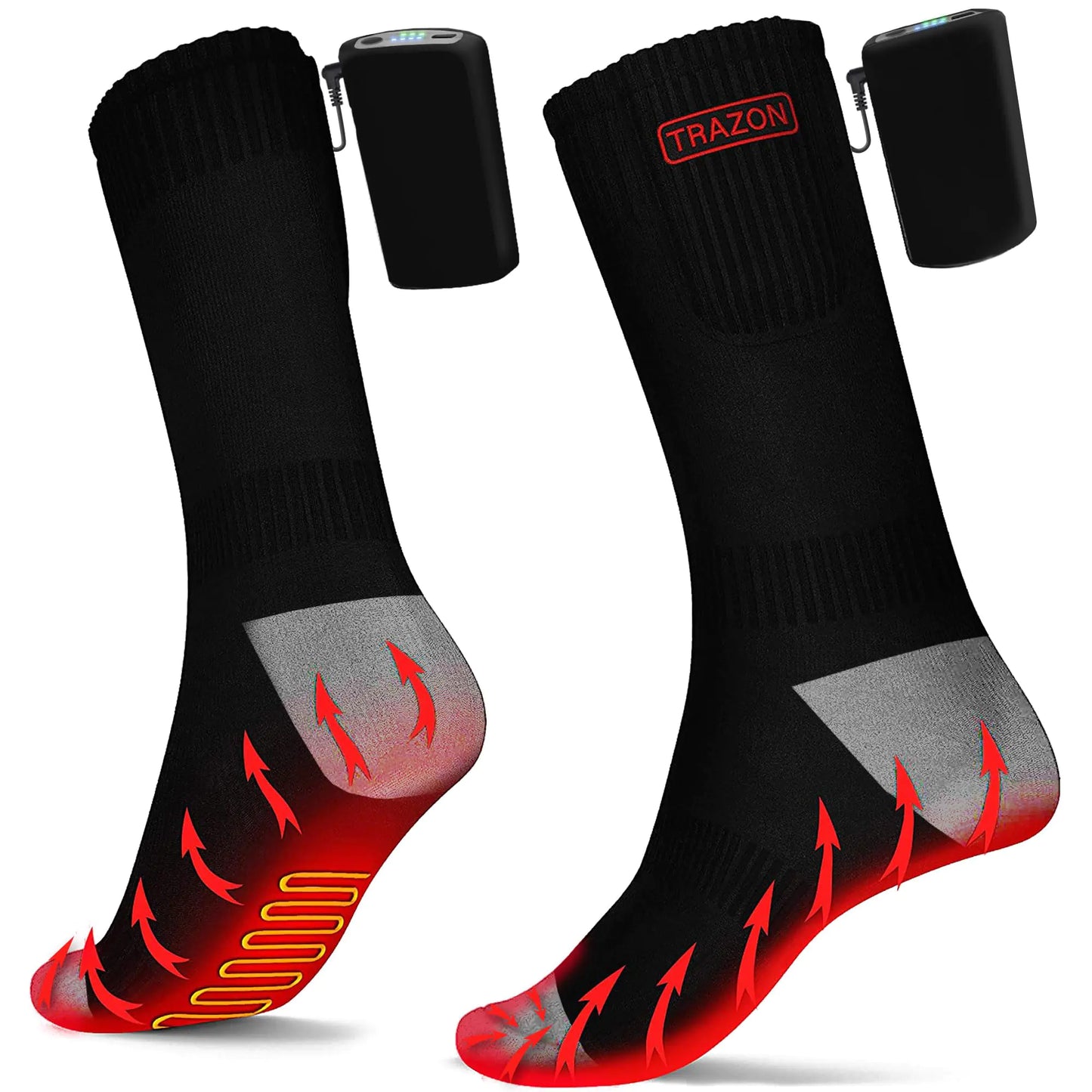 Trazon Heated Socks for Men and Women Rechargeable - Electric Battery Thermal Hunting Fishing Camping Skiing Cycling Running Washable Ergonomical with 4 Temp Modes 5V 5000mA